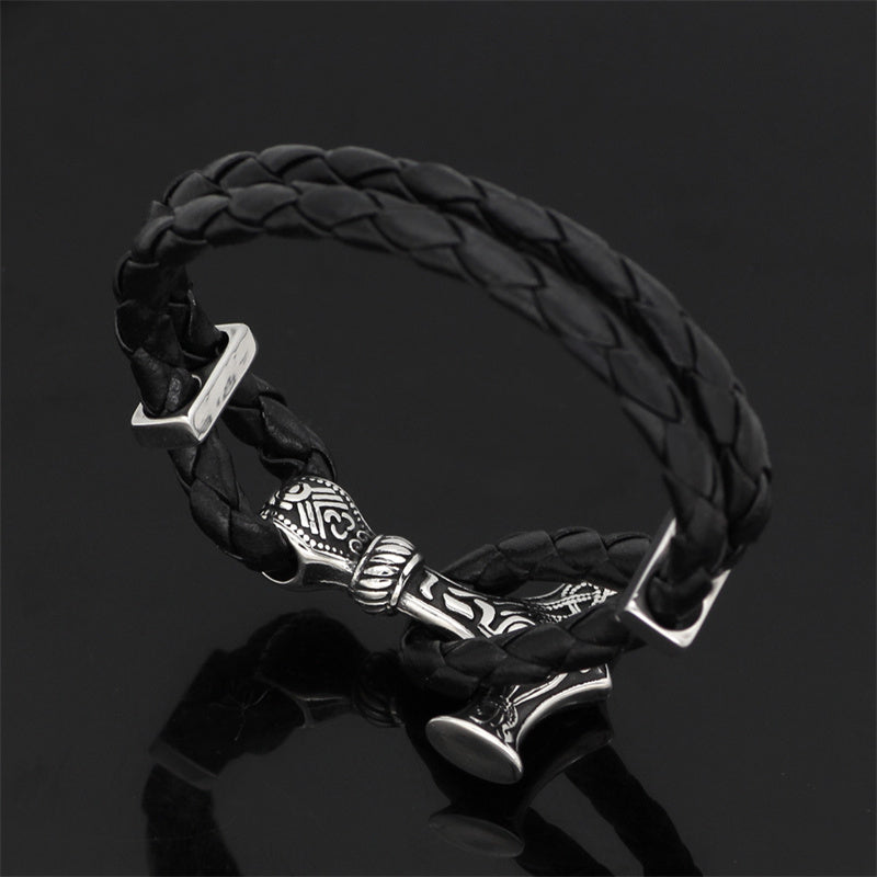 Thor hammer leather bracelet Viking totem titanium steel bracelet