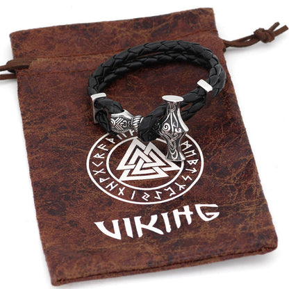 Thor hammer leather bracelet Viking totem titanium steel bracelet