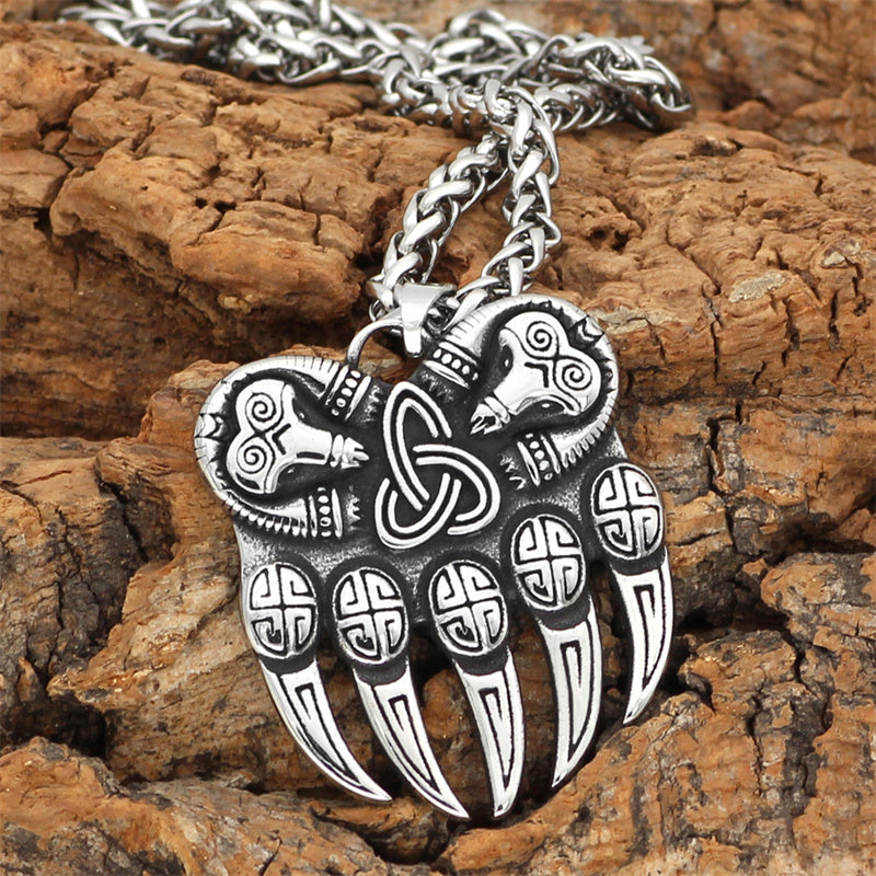 Viking Bear Paw Vintage Stainless Steel Odin Logo  Men's Necklace