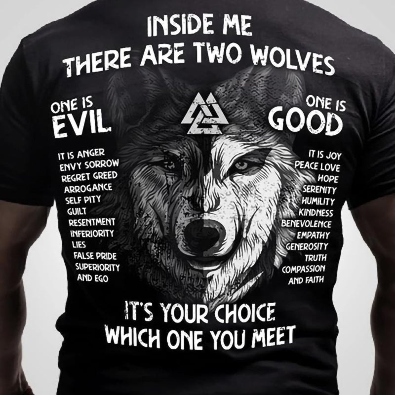 Viking Inside Me There Are Two Wolves Mens Letter Print Gym T-shirt