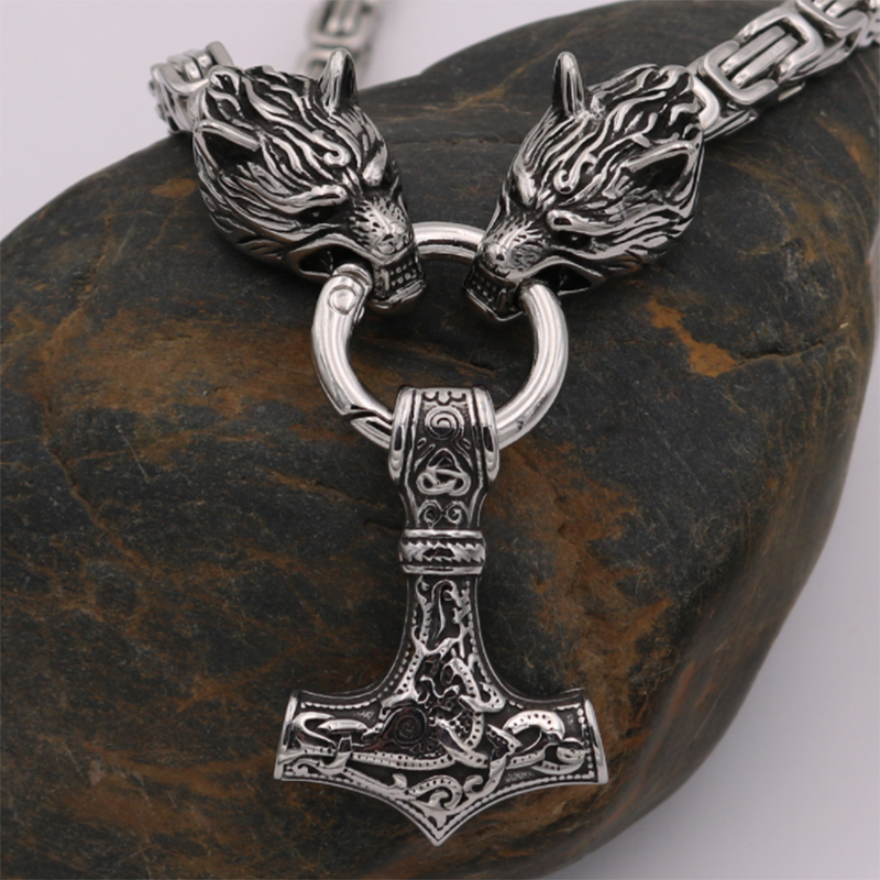 Viking Odin Celtic Wolf Head Pendant Men's Necklace