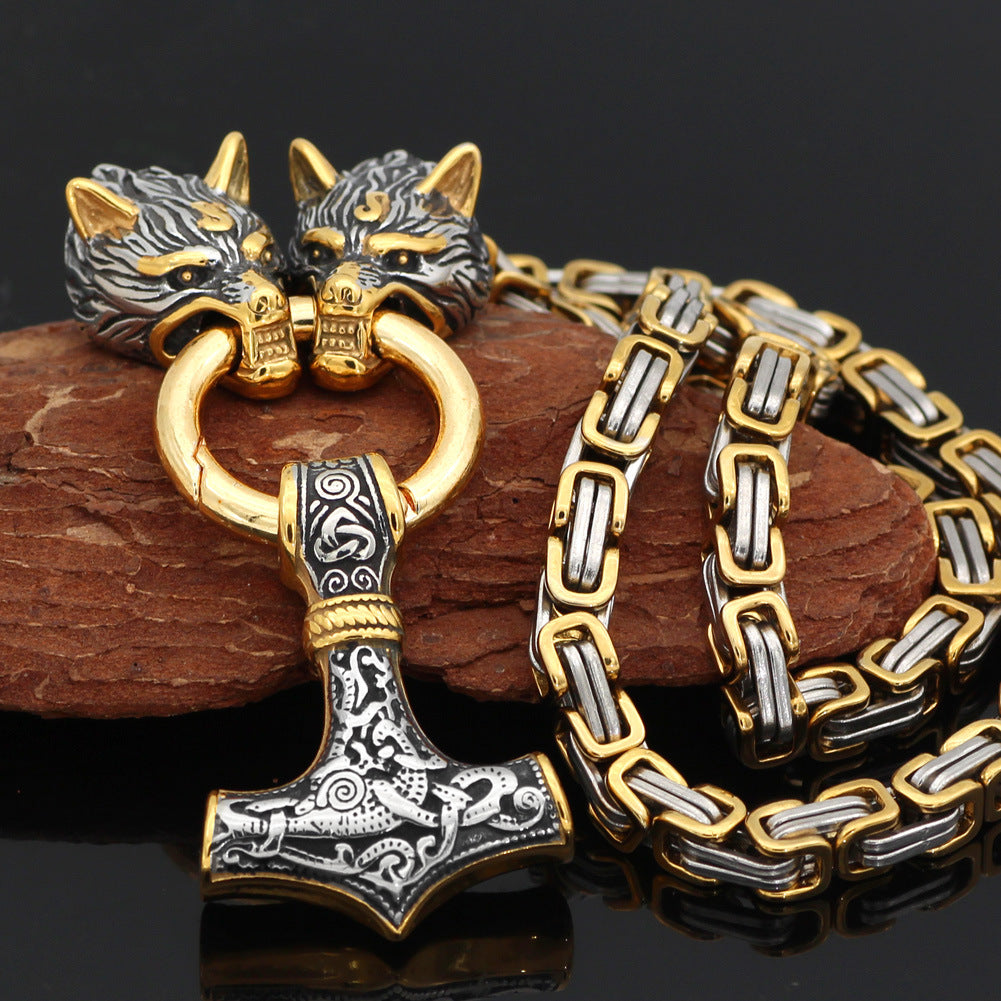 STAINLESS STEEL WOLF HEAD BYZANTINE CHAIN WITH MJOLNIR