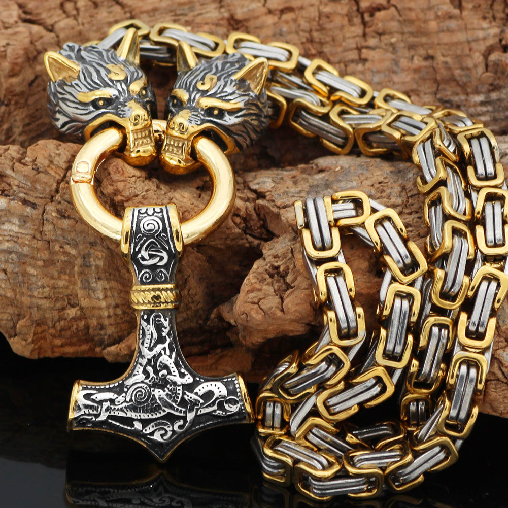 STAINLESS STEEL WOLF HEAD BYZANTINE CHAIN WITH MJOLNIR