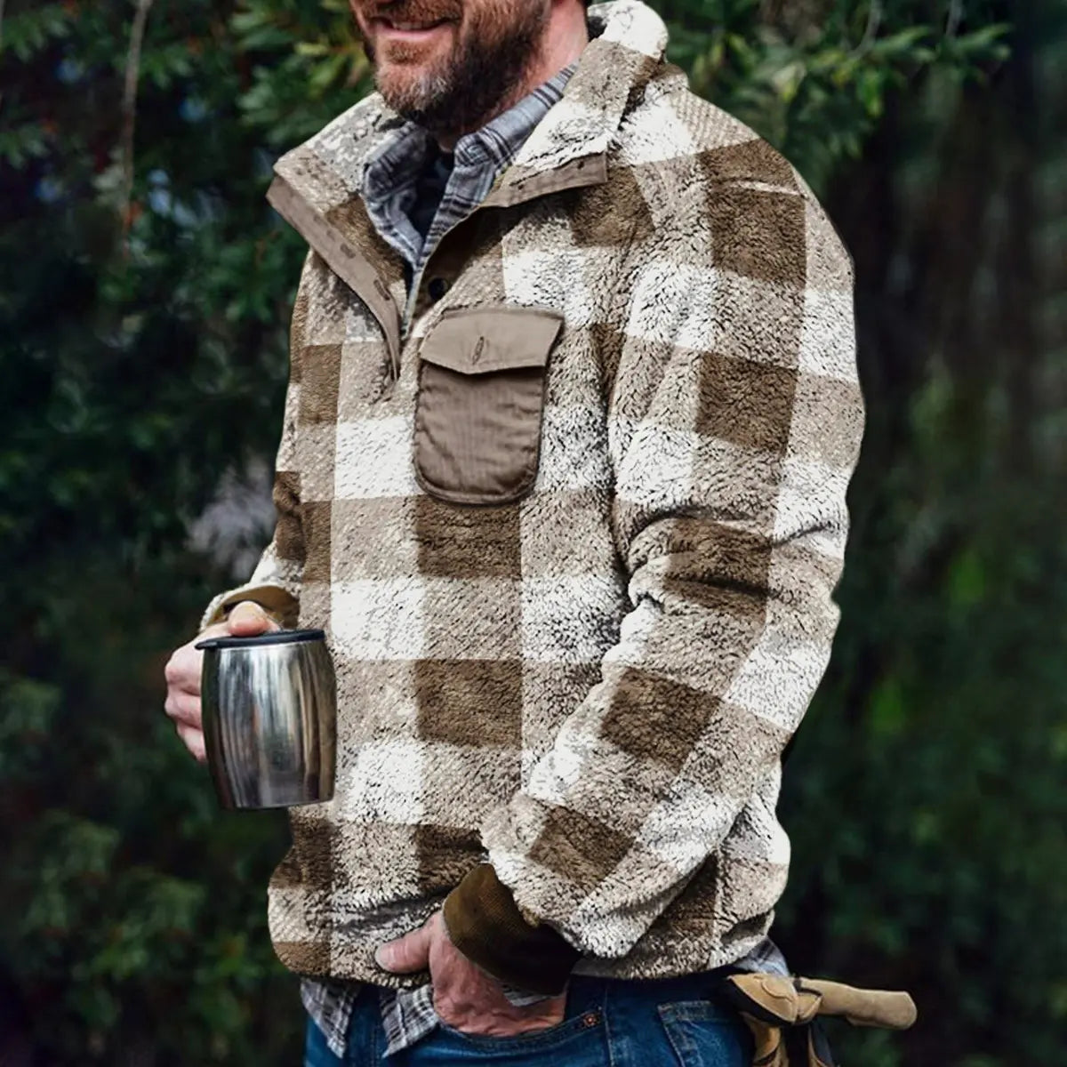 Casual Winter Plaid Pocket Men's Pullover Jacket