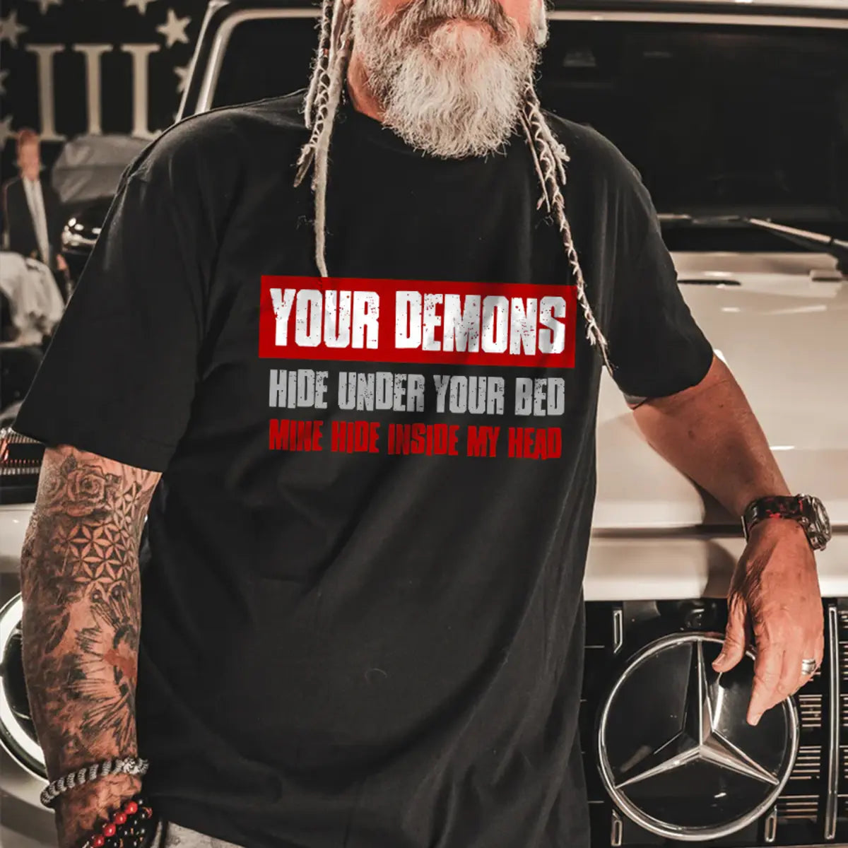 Viking Your Demons Hide Under Your Bed Mine Hide Inside My Head Printed Men's T-shirt