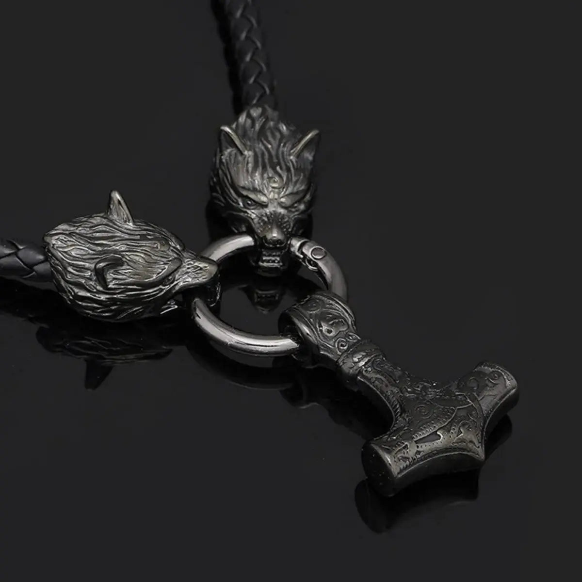 Vintage Viking Thor Hammer Pendant Wolf Head Leather Necklace