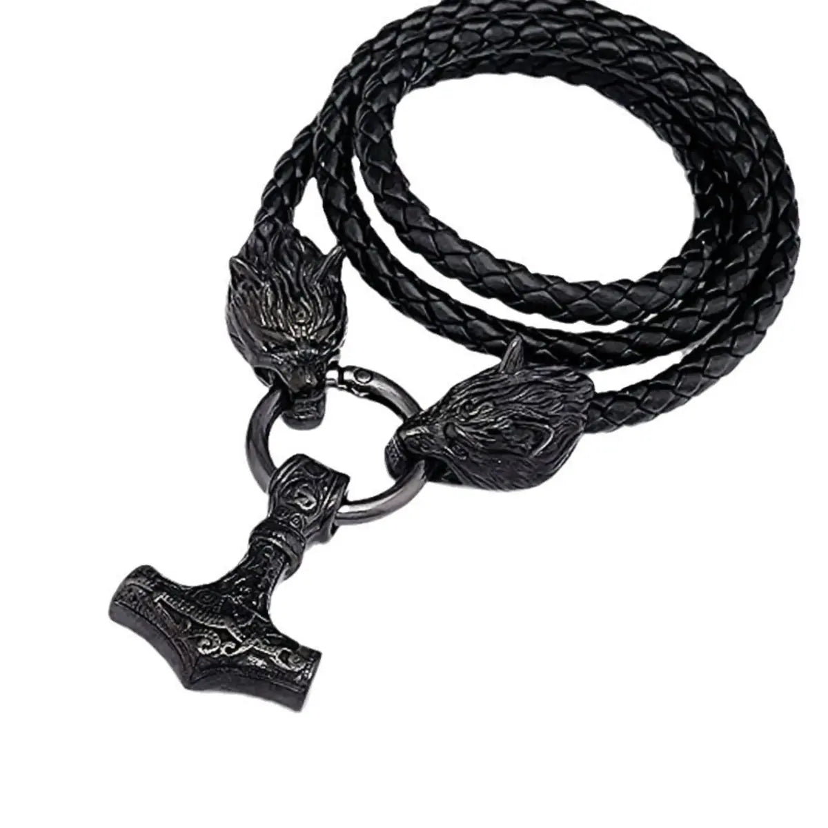 Vintage Viking Thor Hammer Pendant Wolf Head Leather Necklace