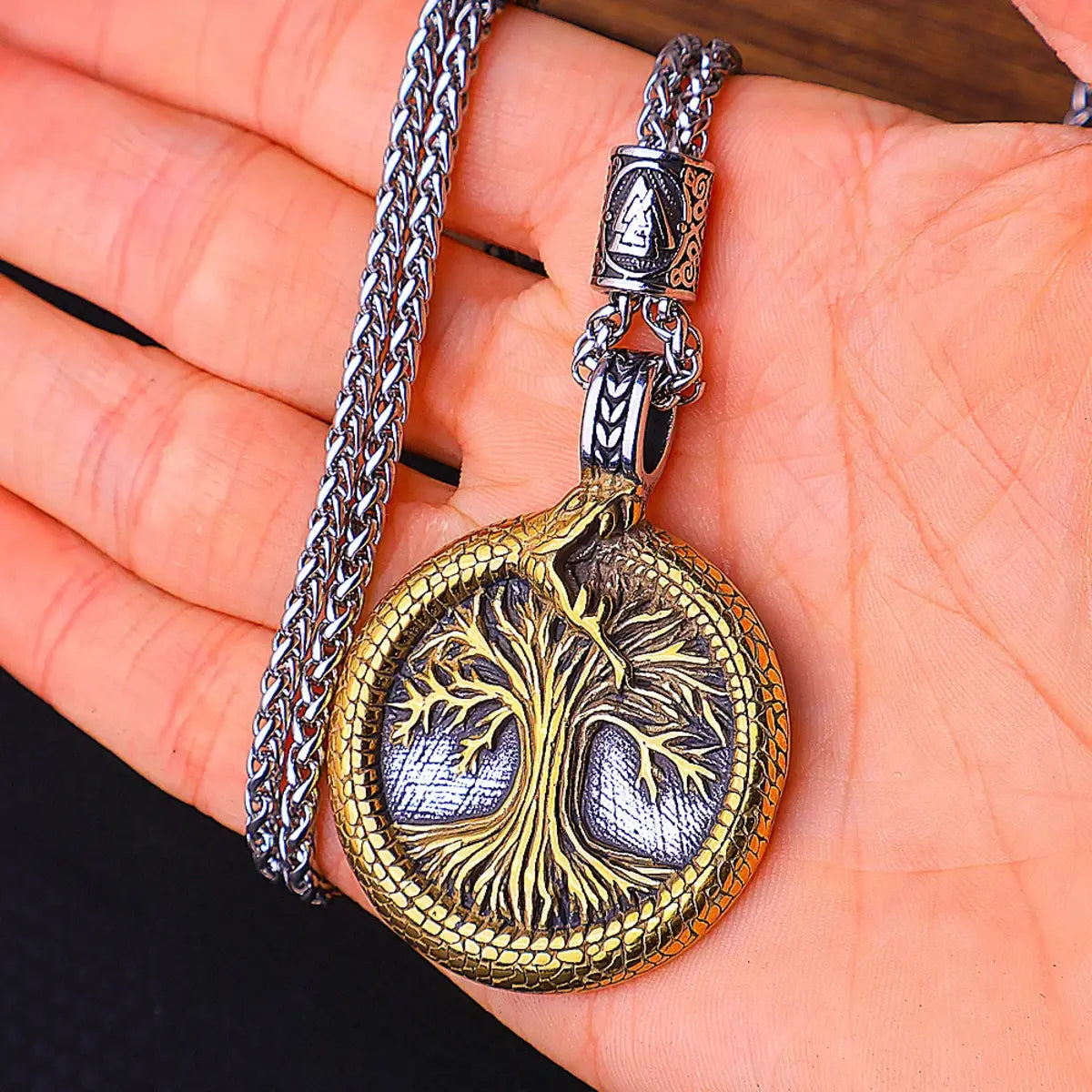 Viking Coiled Snake Tree Of Life Pendant Necklace