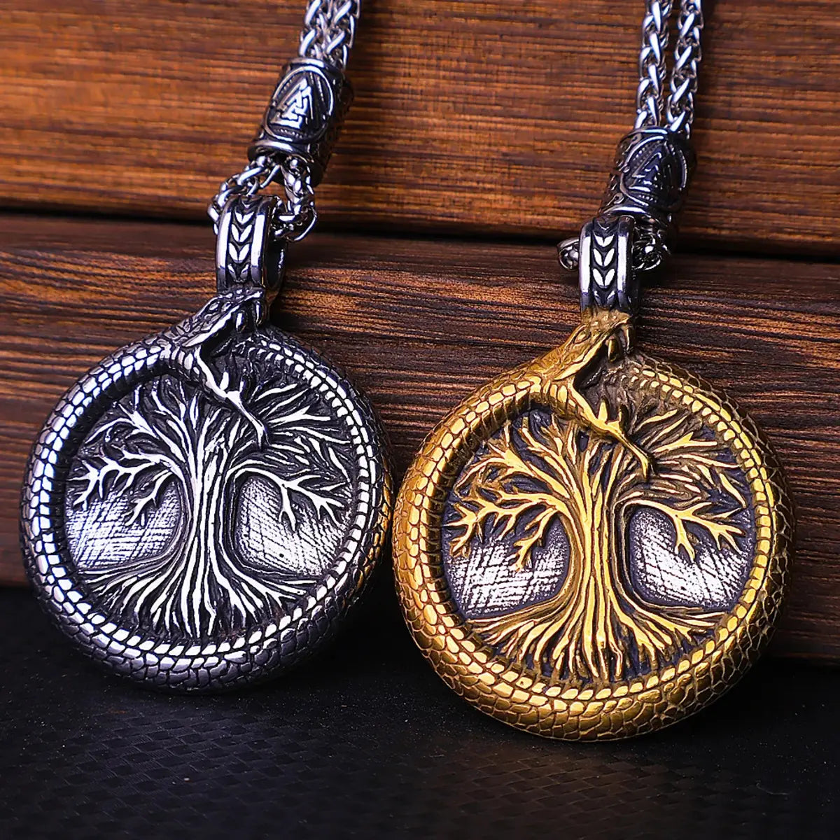 Viking Coiled Snake Tree Of Life Pendant Necklace